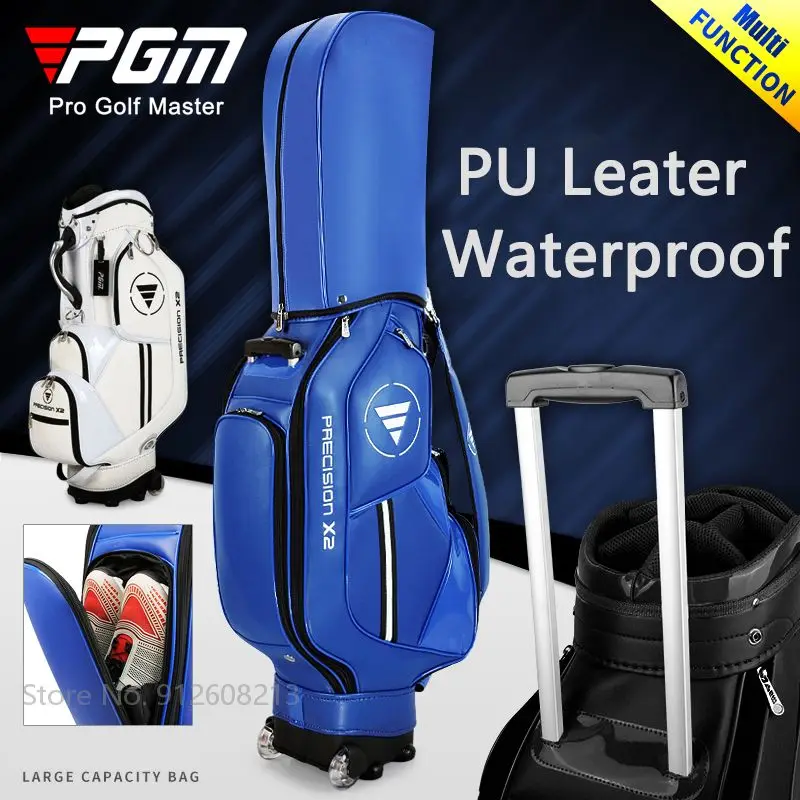 PGM Retractable Golf Standard Bag PU Leather Waterproof Golf Bag High Capacity Stand Package with Wheel Support A Sets of Clubs