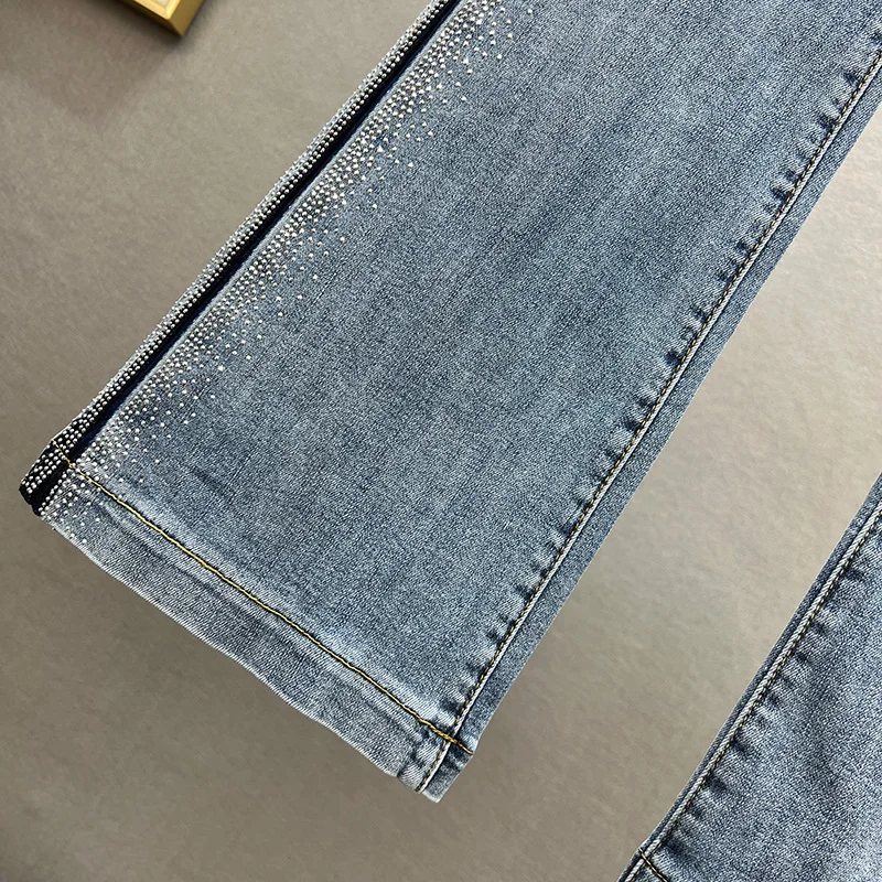 Rhinestone Jeans Women's Fashion Spring Clothing 2022 New Elastic High Waist Slim Bell-Bottom Pants Girls Lady Skinny Jeans