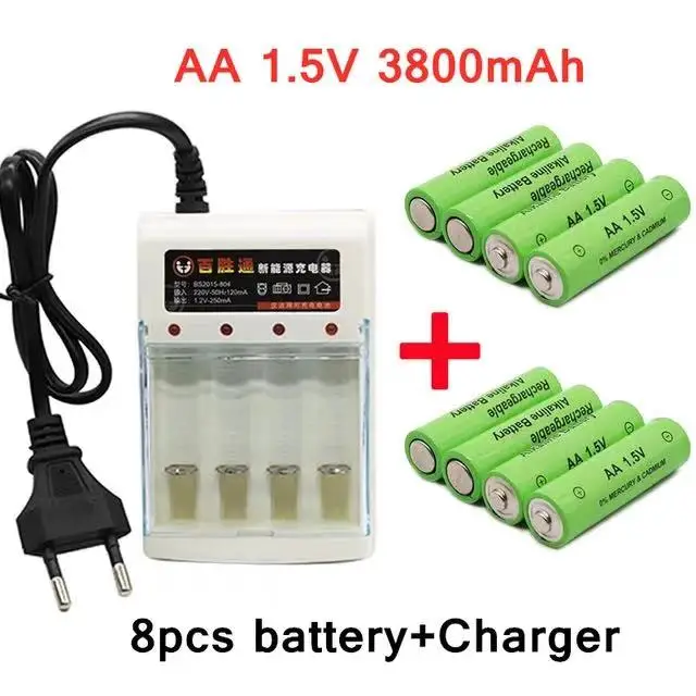 

100% Highquality Rechargeable Battery AA 1.5V 3800mah Chargeable for Clock Toys Flashlight Remote Control Camera Battery+charger