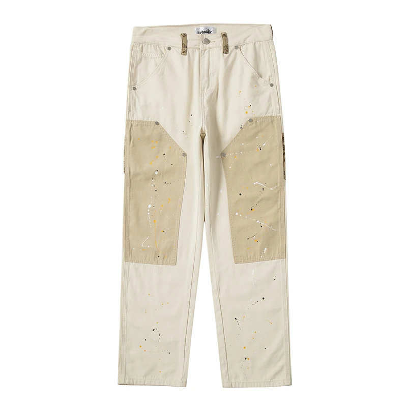 

Overalls Ink Splashing Rice White Multi-color Stitching Stiff Straight Canvas Retro Cargo Pants Men Hip Hop Khaki Cashew Flower