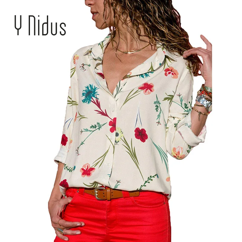 Женская шифоновая блузка с цветочным принтом длинным рукавом и V-образным