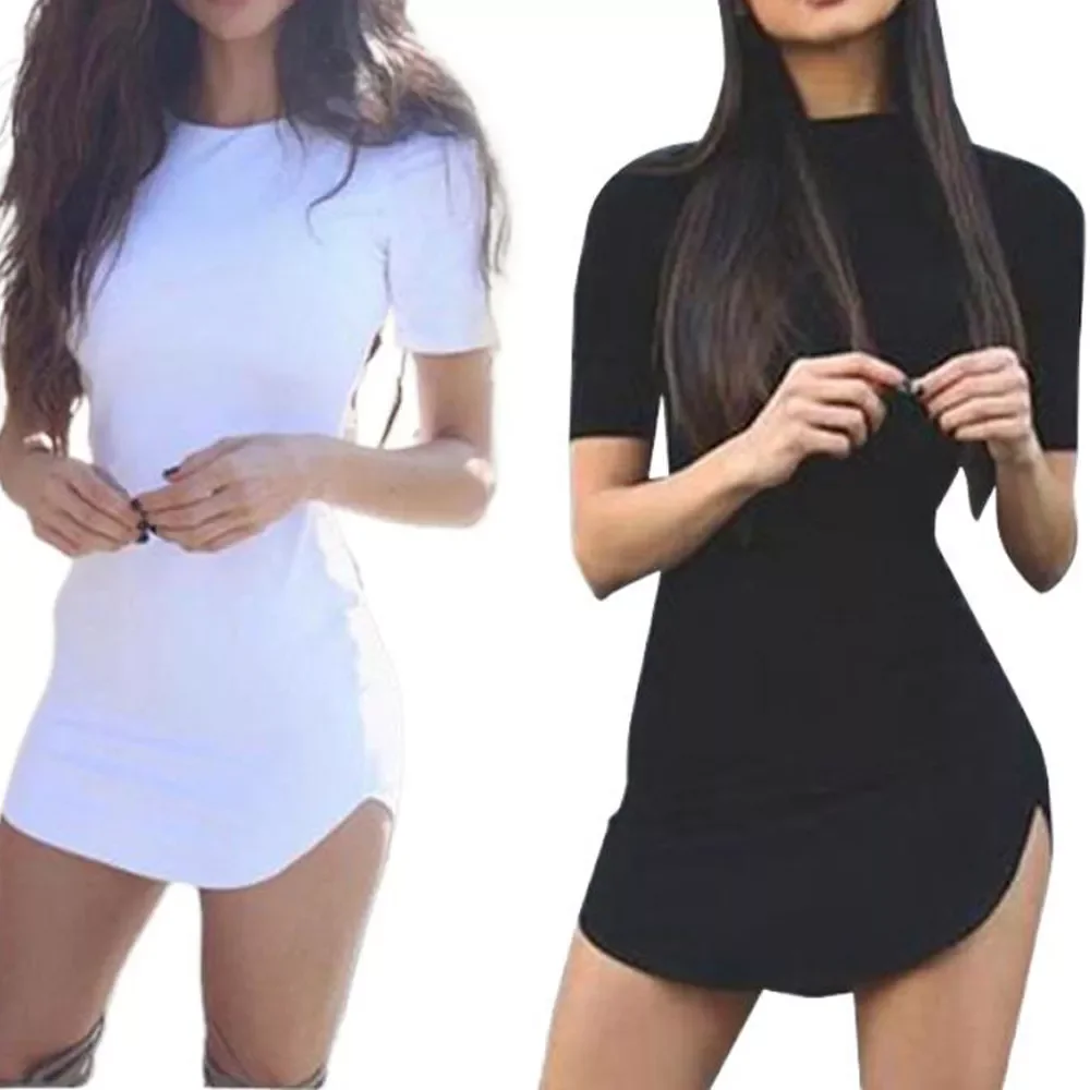 New in Bodycon Dress Women Summer Short Sleeve O-neck Black White Vestidos Fashion Irregular Hem Party Club Sheath Mini Dresses