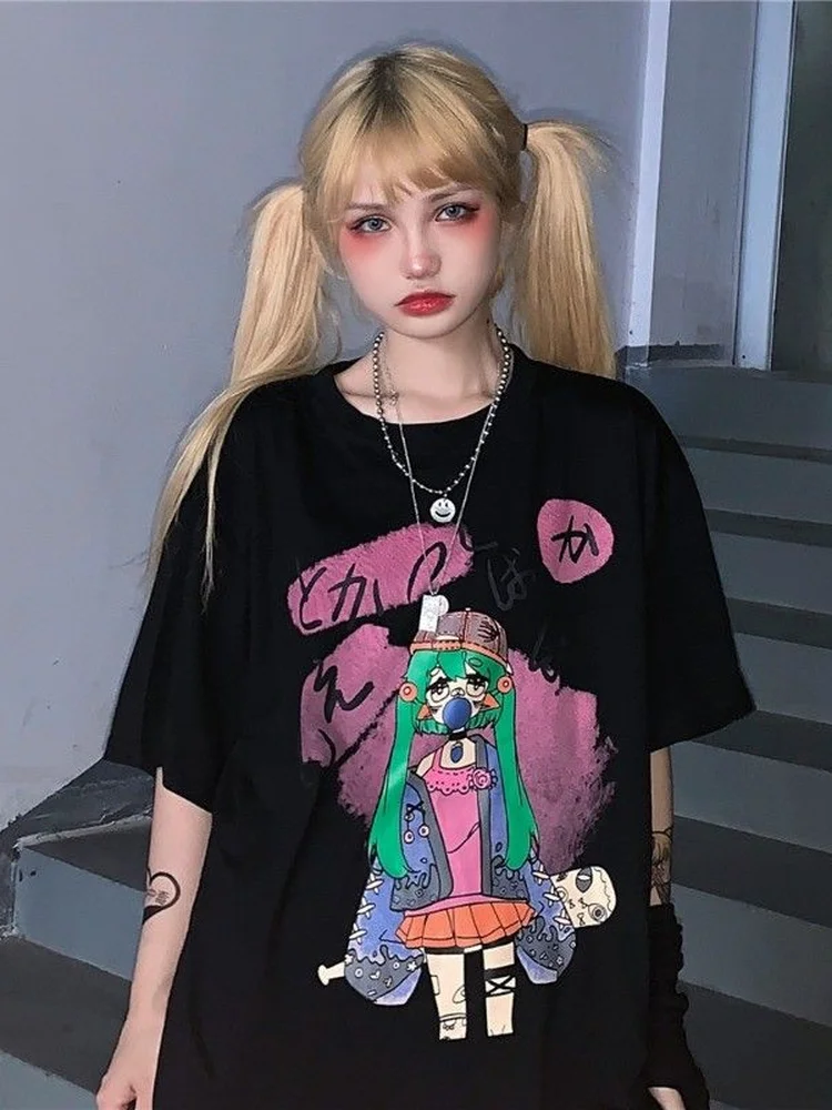 Deeptown Summer Harajuku Tshirt Women Cartoon Print Gothic Short Sleeve T-Shirt Anime Graphic Tees Women Top Korean Clothes 2022