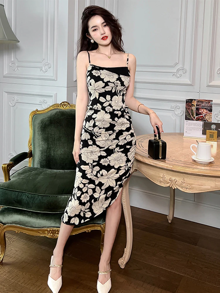 

Summer Women Midi Dress Sexy Vintage Asymmetrical Black Print Floral Suspender Slit Folds Drape Female Robe Party Street Vestido