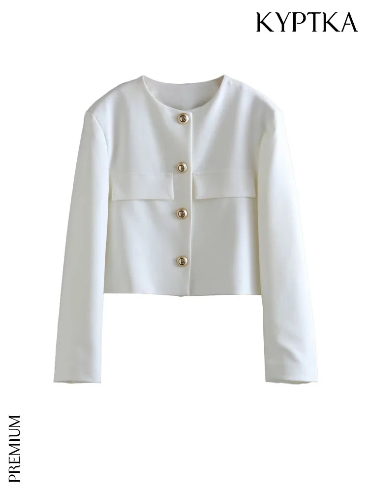 

KYPTKA Women Fashion With Gold Button Cropped Blazer Coat Vintage O Neck Long Sleeve Female Outerwear Chic Vestes Femmes