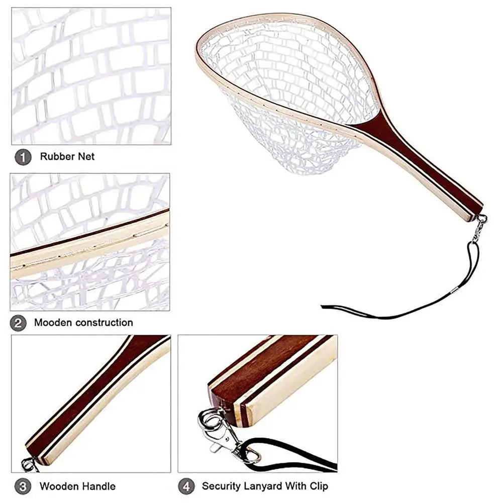 Fly Fishing Landing Net Portable Lightweight Rubber Net With Wooden Handle Fly Fishing Gear Accessories enlarge