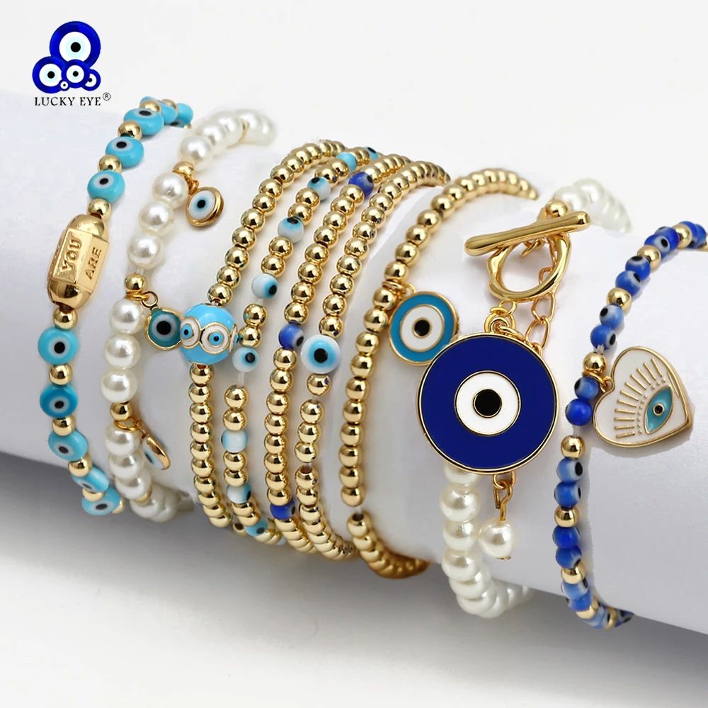 Lucky Eye Adjustable Pearl Metal Beads Bracelet Set Turkish Evil Eye Charm Beaded Bracelet for Women Girls Men Jewelry BE826