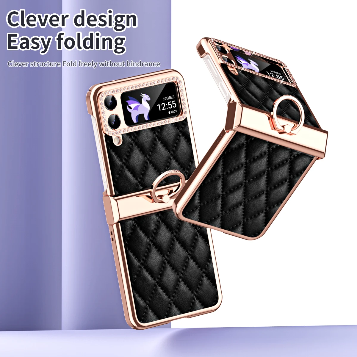 For Samsung Galaxy Z Flip 4 5G Case Flash Electroplated Plain Leather Finger Bracket Folding Hingle Shockproof Cover Accessory