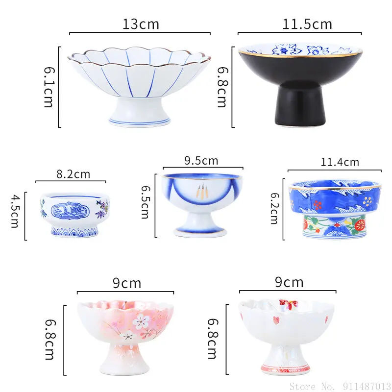 Японская подглазурная цветная керамическая тарелка на высокой ножке десертная