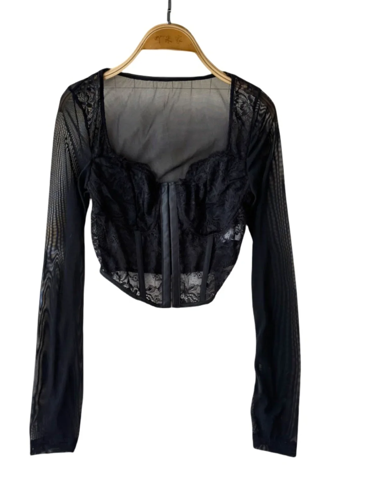 Foamlina Сексуальная футболка с квадратным вырезом и кружевной сеткой длинными