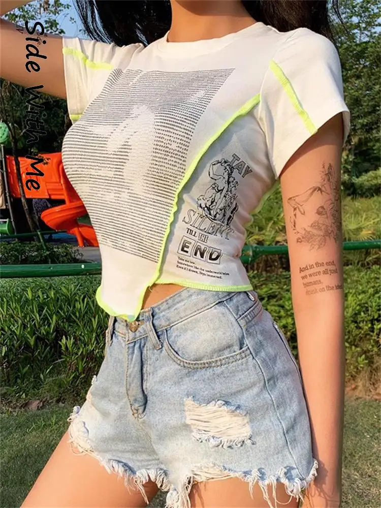

Side with Me 2022 Summer Aesthetic Print Sexy Woman Tshirt Vintage O Neck Y2K Party Women's Cropped Corset Tops