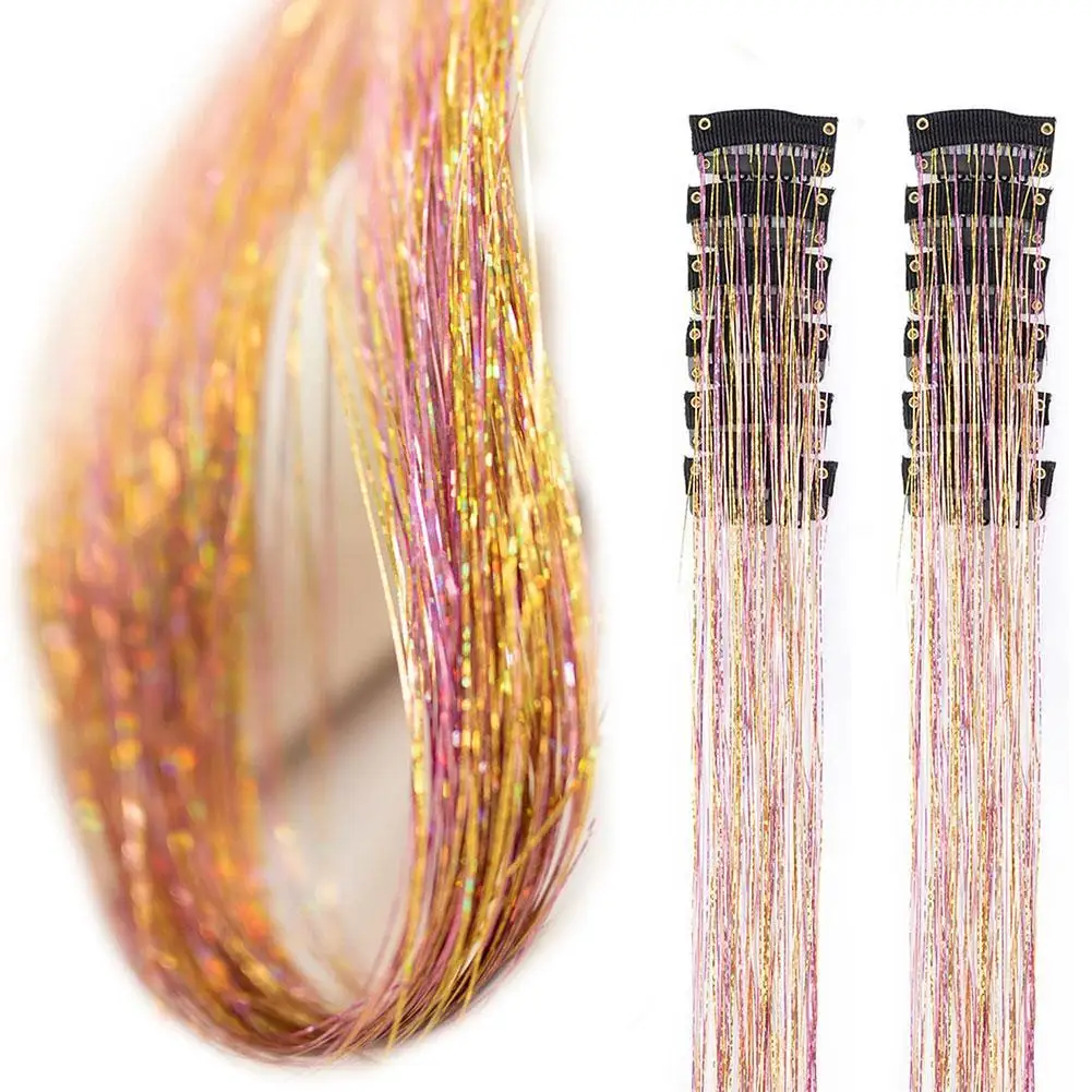 

Блестящие накладные волосы в виде мишуры, Красочные голографические блестящие искусственные волосы