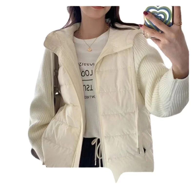 Spring and Autumn Goose Down Clothing Women's Knitted Cashmere Down Coat Hooded Coat зимнее пальто женское