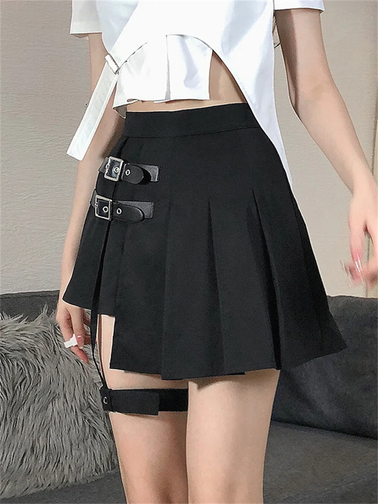 

hirigin Harajuku Pleated Skirts Thigh Garter Leather Buckle High Waist Dark Academia Mini Skirts E-girl Gothic Grunge Clothes