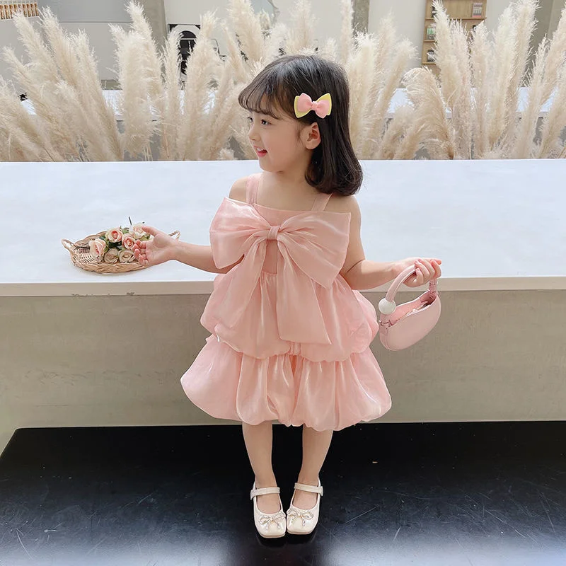 

Платья для девочек 2022, летняя детская одежда, вечернее платье принцессы на бретелях с бантом, корейская мода, одежда для маленьких девочек 2-6...