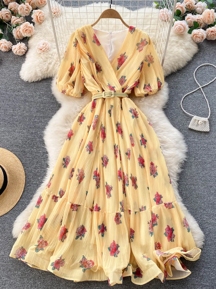 

2022 Female V-neck Chiffon Fairy Dress Women Casual Printed Flowers Draped Puff Sleeves Mid-calf Dresses Vestidos De Fiesta