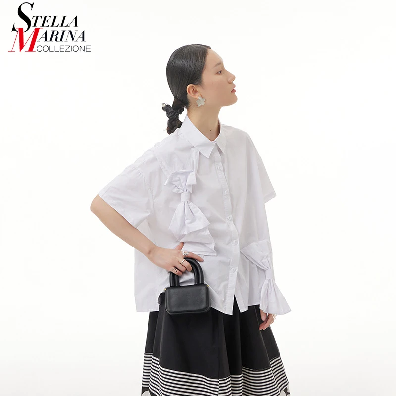 

Solid Black White New 2022 Woman Summer Casual Top Loose Fit Big Size Bows Short-Sleeve Unique Style Holiday Large Shirt fapr44