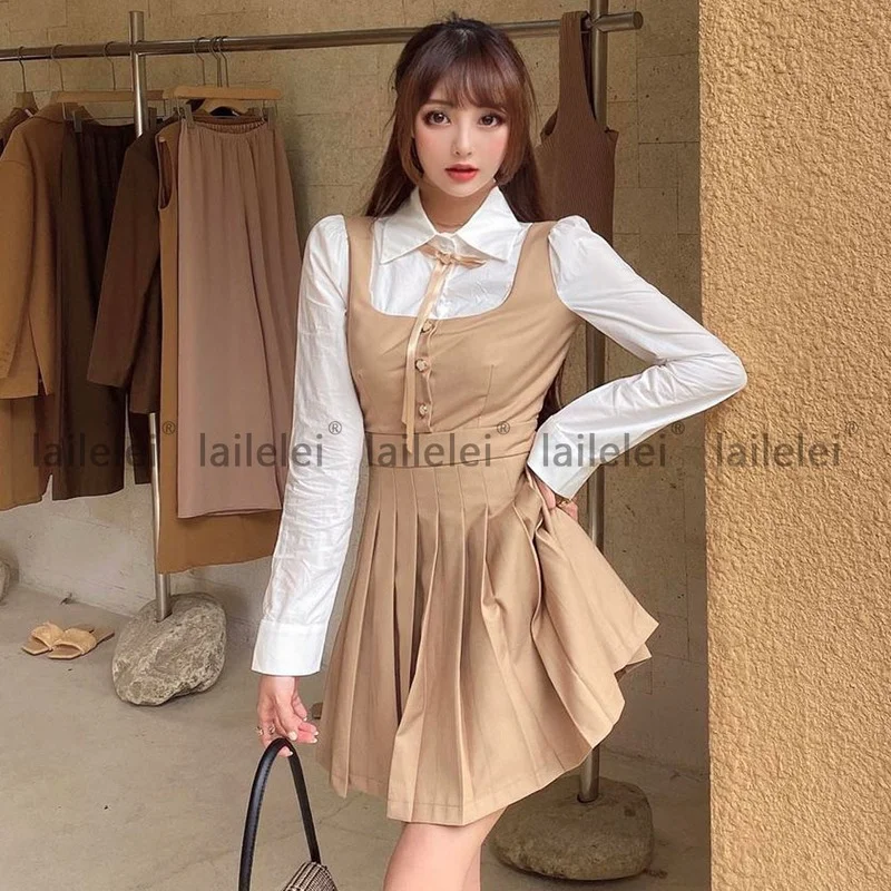 

Pleated Mini Shirt Dress Fashion Patchwork Waist Puff Sleeve Long Sleeve Dress Y2k Cute 2021 Spring Autumn Vintage Streetwears