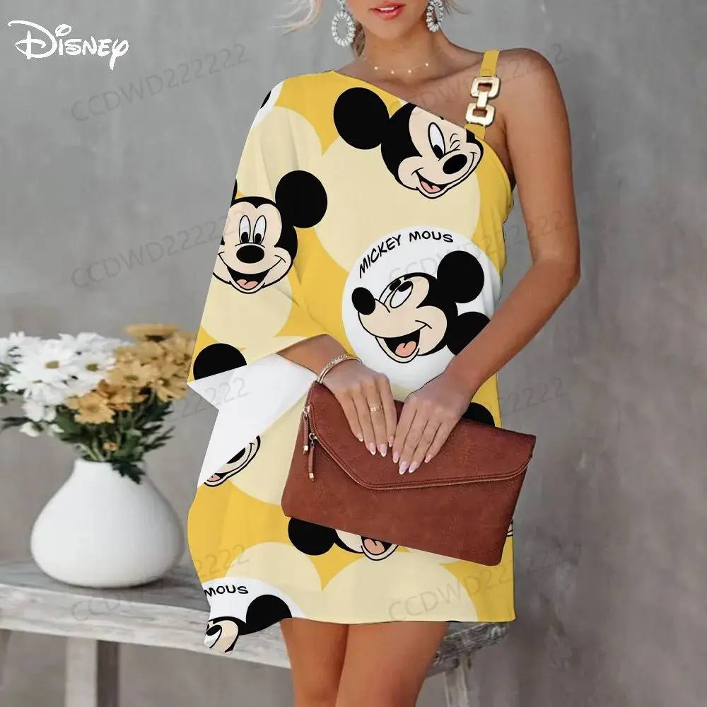 Mickey Diagonal Collar Evening Dresses Mini Dress Minnie Mouse Disney One-Shoulder Elegant Women Party 2023 Summer Woman Trendy