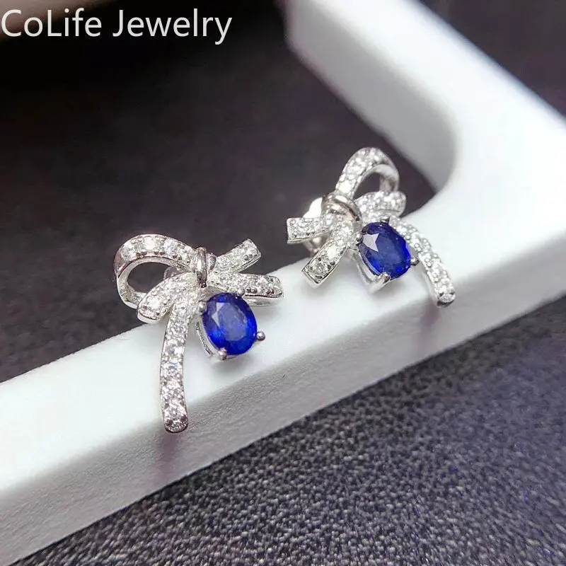 

Sterling Silver Bowknot Stud Earrings 3mm*4mm Totral 0.3ct Natural Sapphire Earrings with 3 Layers 18K Gold Plating