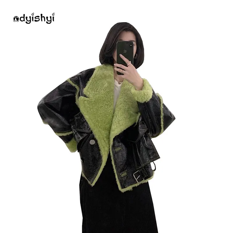 

Parka 2022 Winter Thicken Women Coats Plush Paneled Faux PU Leather Fur Jacket Short Ladies Fashion Loose Warm Outwear Female