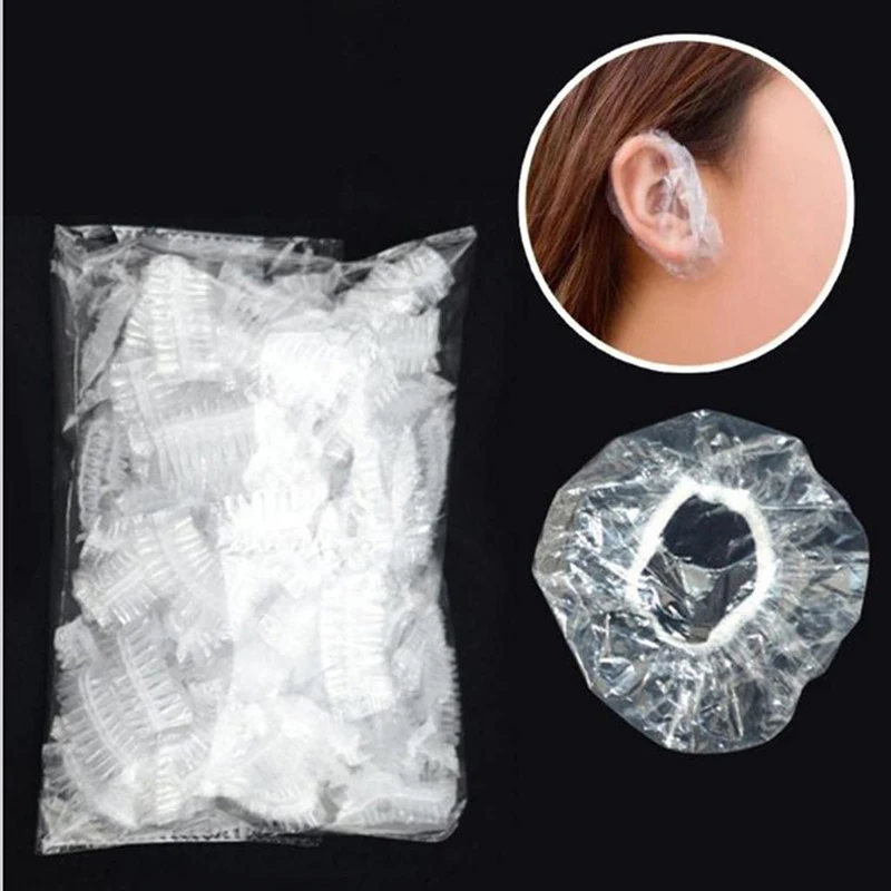 

100Pcs Disposable Plastic Waterproof Ear Protector Cover Caps Salon Hairdressing Dye Shield Protection Shower Cap Tool