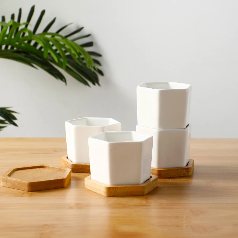 Белый Шестиугольный Керамический Цветочный Горшок С Подносом В Европейском