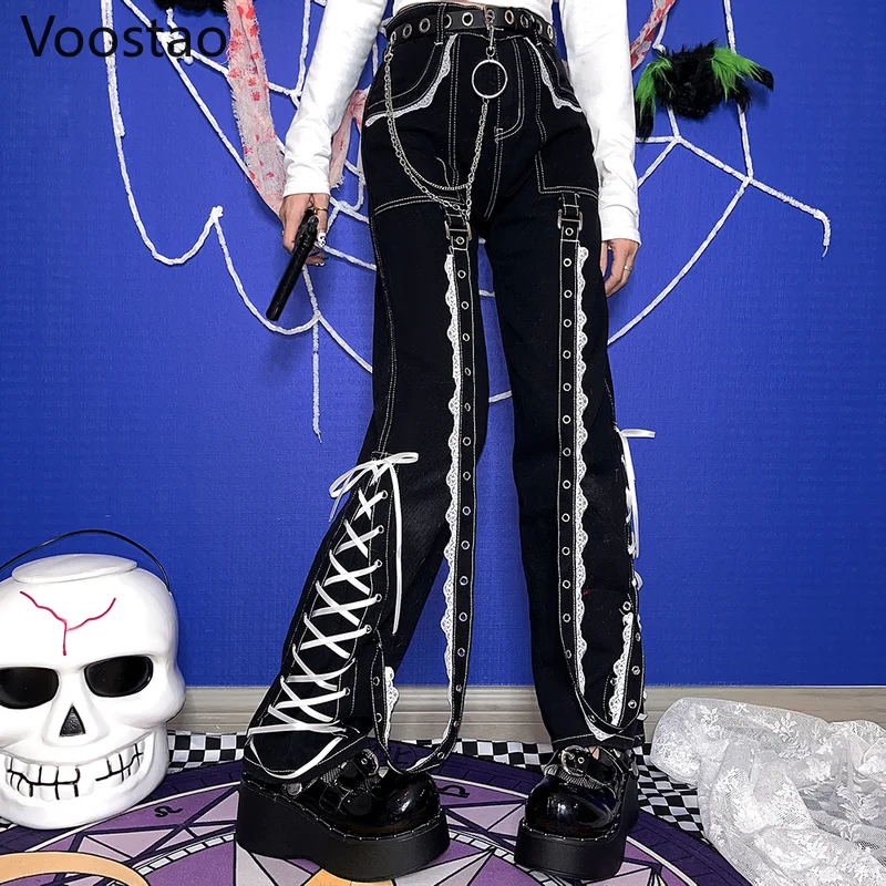 

Gothic Harajuku High Waist Jeans Women Streetwear Lace Bandage Denim Straight Pants Female Vintage Chic Y2K Punk Loose Trousers