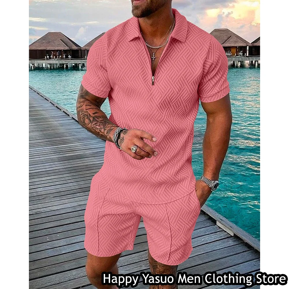 Summer Men Fashion Polo Shirt Set 2 Pieces Casual Tracksuit Solid Color Printing Outfit Male Suit Retro Style Holiday Clothing