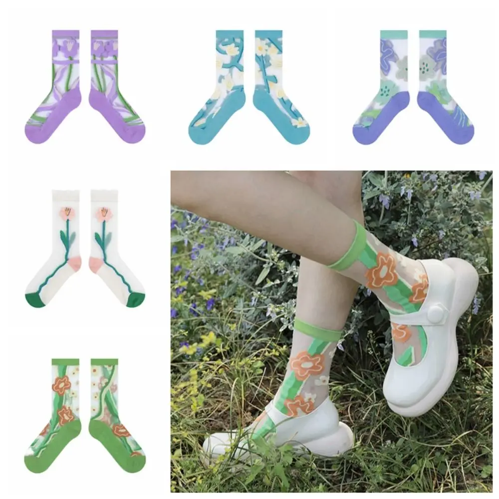 

Женские тонкие мягкие носки летние чулочно-носочные изделия в Корейском стиле Y2K в стиле Харадзюку, с цветочным рисунком носки до щиколотки износостойкие освежающие прозрачные носки