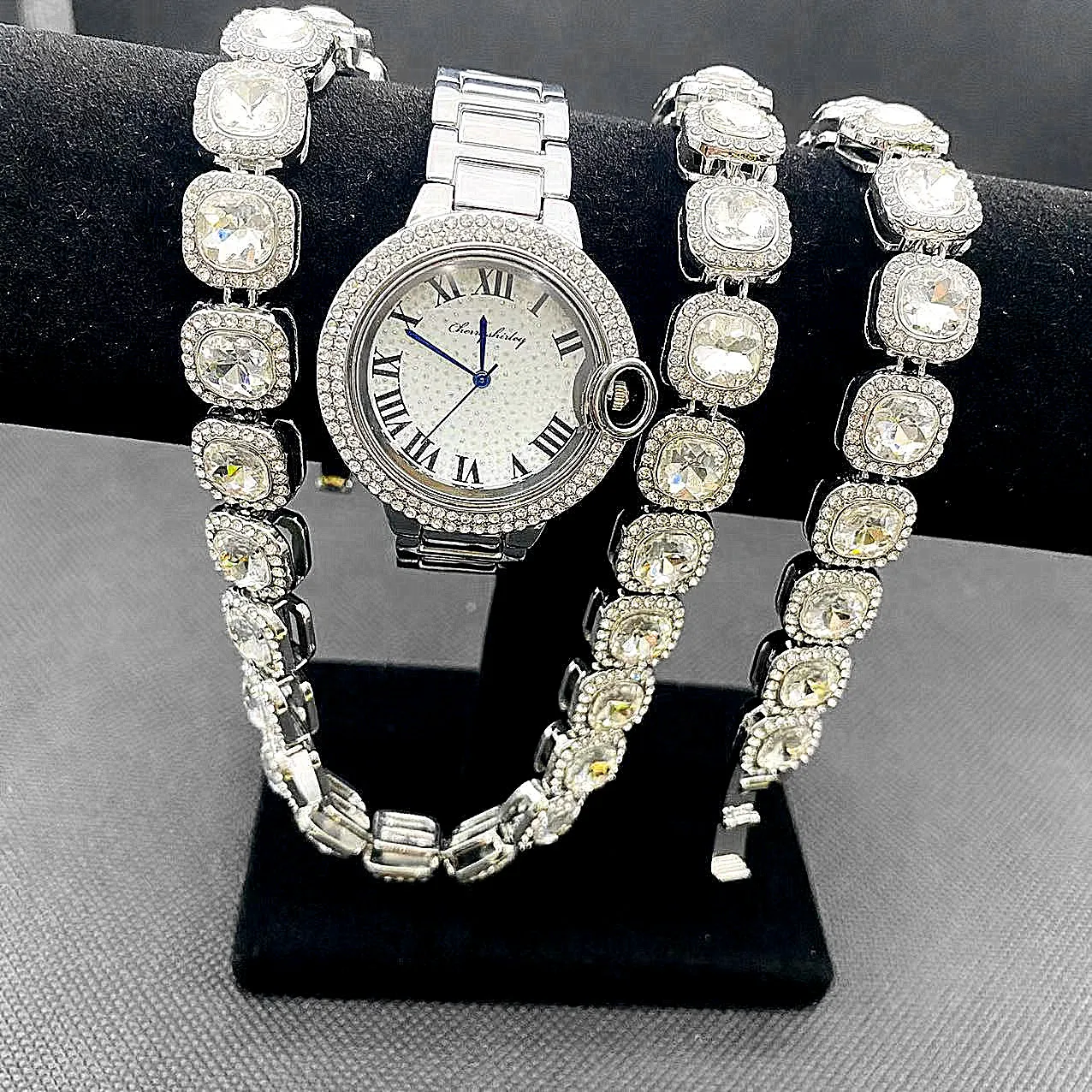 3pcs Luxury Watch for Women Gold Watch Tennis Chain Bracelet Necklace Choker Bling Fashion Jewelry for Women Watches Fanshion