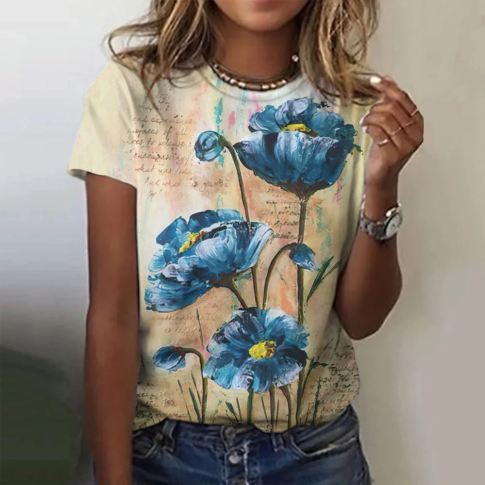 

Summer Fashion Women's T-shirt 3D Floral Printed Tees Large Size Tops Woman Clothing Everyday Female Loose Short Sleeve Blouse