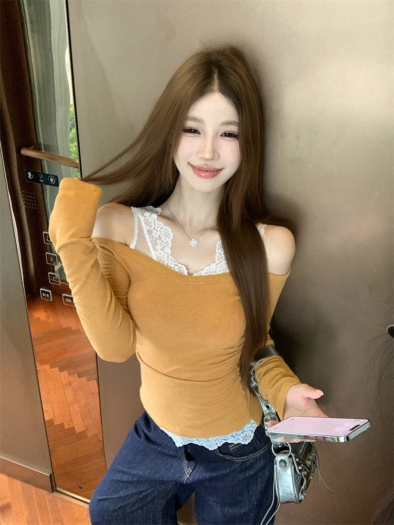 Милая горячая девушка кружевная лоскутная облегающая футболка женская осенняя