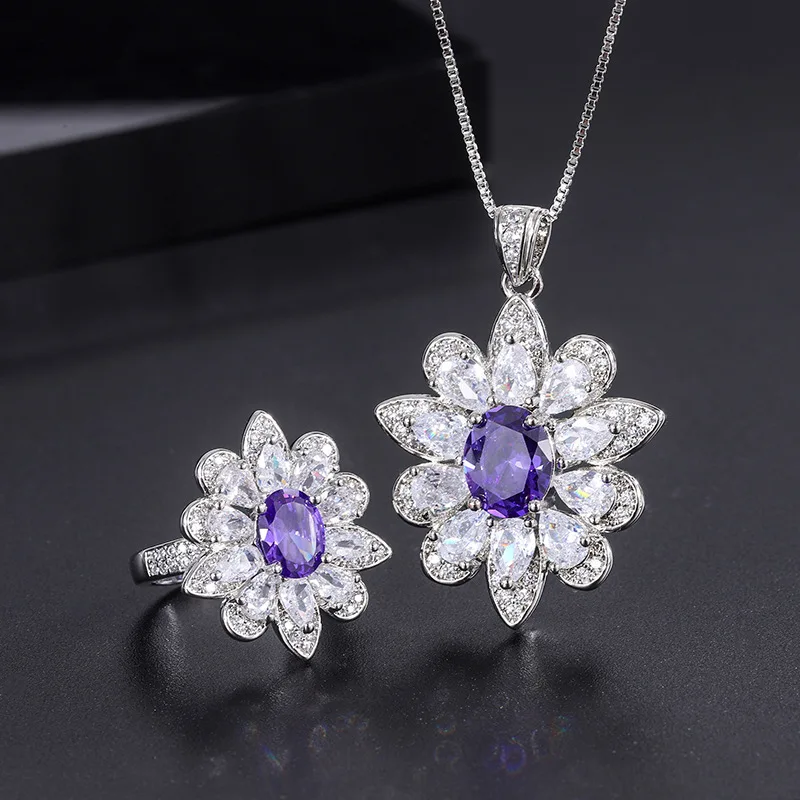 

Trendy Luxury Brand Engagement Adjustable Opening Rings Women Jewelry Purple Gem Flower Drop Crystal Chains Necklaces Set Gift