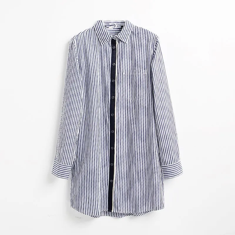 

PB&ZA spring and summer new women's temperament commuter all-match lapel long-sleeved vertical striped loose mid-length shirt
