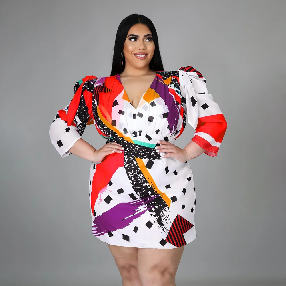 Plus Size Female Dresses Polka Dot Fashion Colorful Printing Half Body Dress Casual V-neck Waist Pullover Short Dress For Women