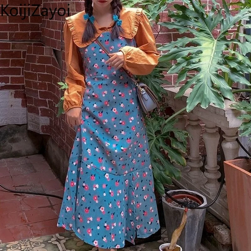 

Koijizayoi Korean Outfits Vintage Women Two Pieces Set Spring Autumn 2022 New Set Fashion Floral Maxi Dress Solid Sweet Shirt