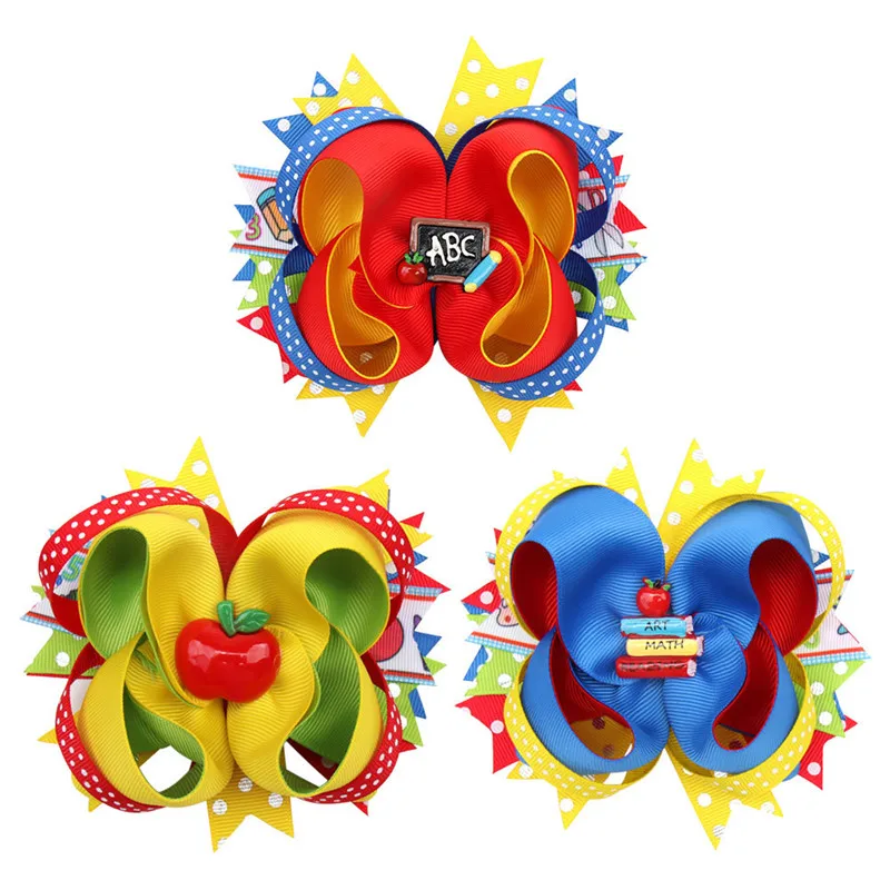 

6pcs/Lot 5inch Colorful Layered Hair Bows for Gir NEW Back To School Cute Dot Ribbons Bowknot Hairgrips Kids Hair Accessories