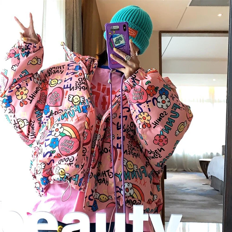 New Women's Puffy Jacket Graffiti Loose Bubble Jacket Thick Warm Hooded White Duck Down Bread Jacket Women Winter Jacket Women