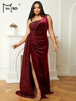 Missord Plus Size Sexy Prom Maxi Dresses One Shoulder Sleeveless Sequins Party Dress Slit Tight Draped Wedding Evening Dress