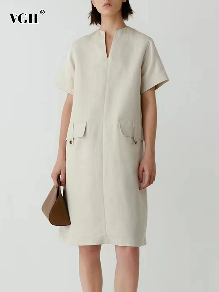 

VGH Solid Spliced Buttons Dress For Women V Neck Short Sleeve Loose Casual Pullover Dresses Female Spring Fashion Style Clothes