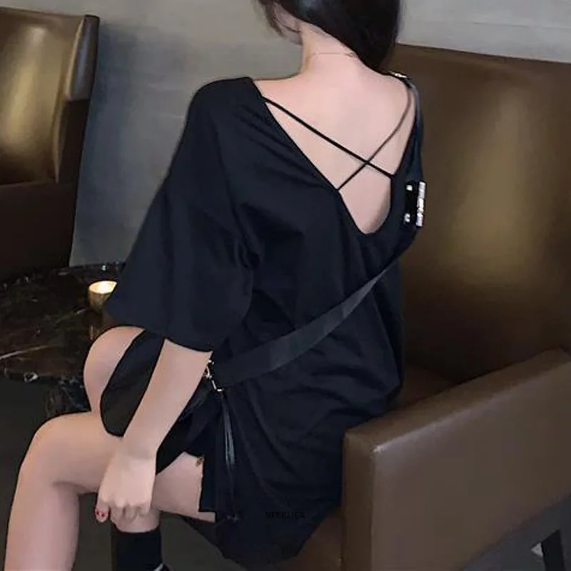 Футболка женская с открытой спиной Повседневная Свободная рубашка коротким