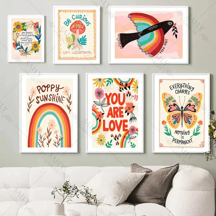 

Mushroom Butterfly Inspirational Quote Boho Nursery Wall Art Picture Canvas Painting Nordic Posters and Prints Living Room Decor