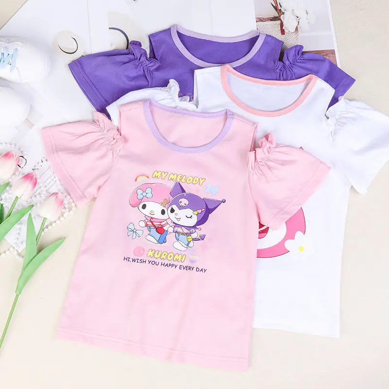 kawaii Sanrios Kuromi child summer girl child cotton short sleeve t-shirt cute cartoon floral print top casual outerwear