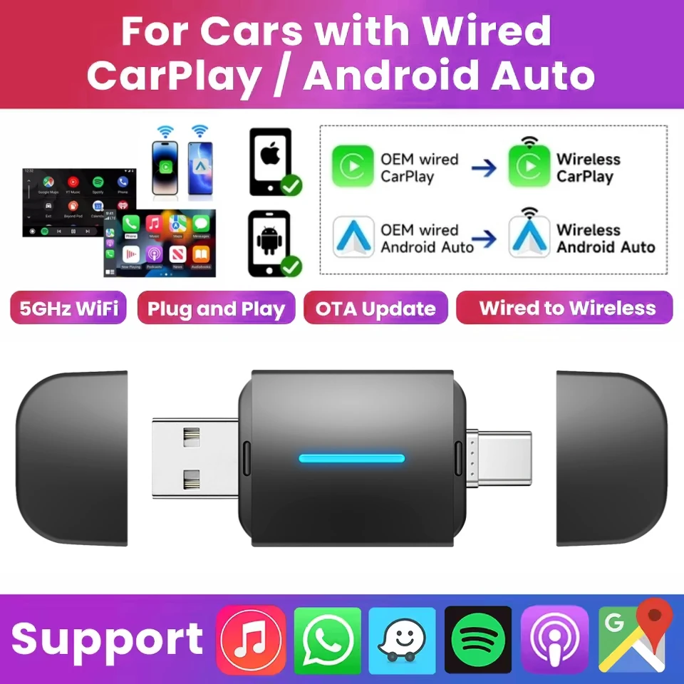 

2025 2-в-1 USB Type-C Адаптер Для Беспроводного CarPlay И Android Auto Для OEM Автомобильной Стереосистемы С Wi-Fi, BT