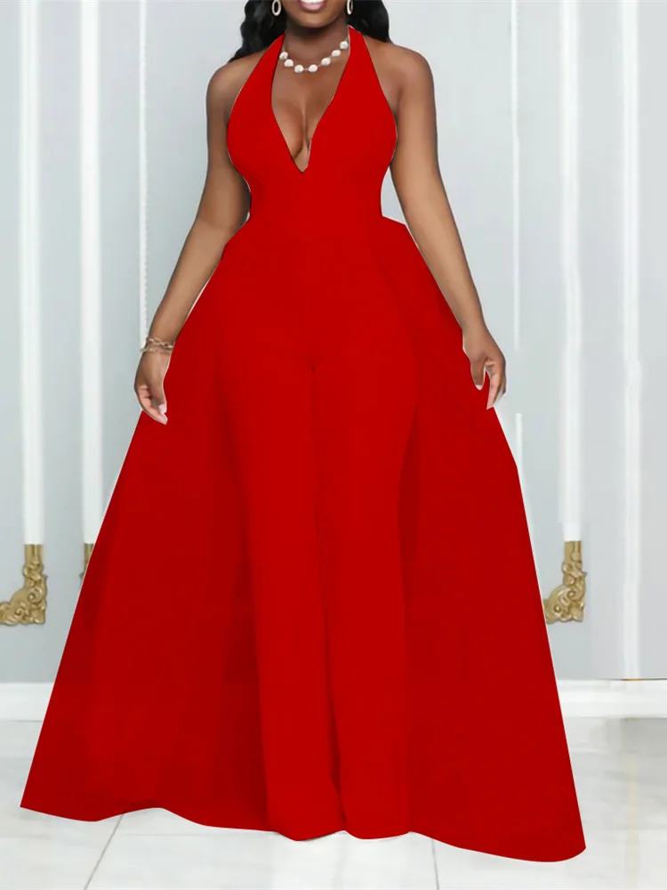 

Sexy Halter Off Shoulder Women Jumpsuit Pants Elegant Backless Mesh Patchwork Party Rompers Casual Overalls Straight Leg Pant