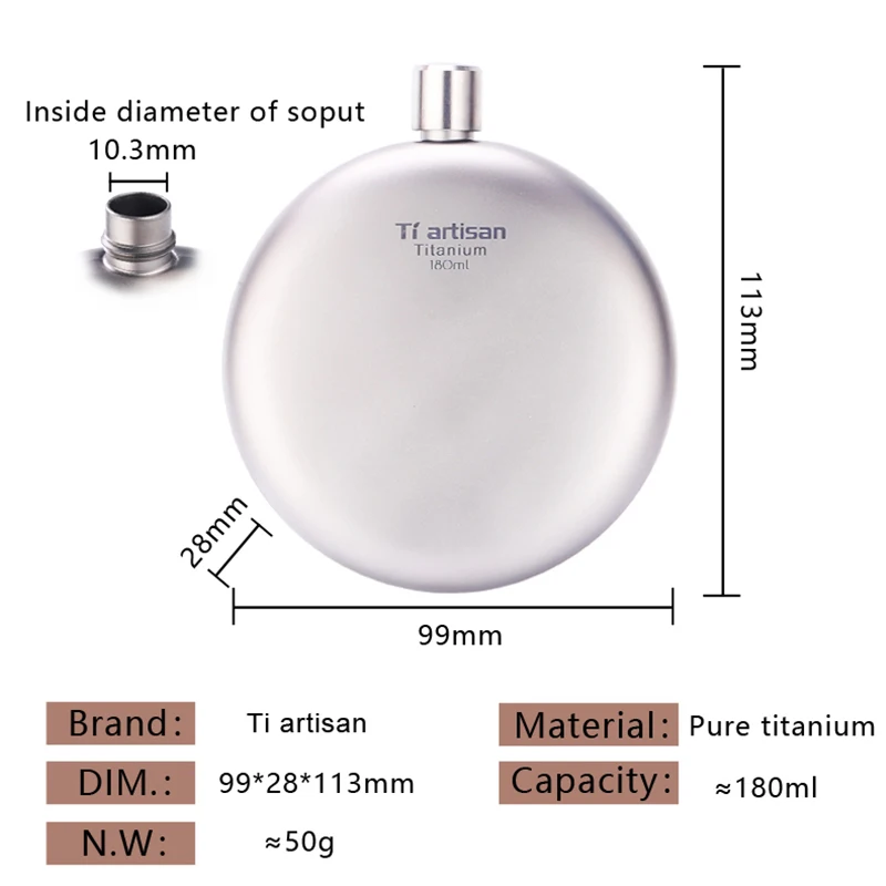 

Titanium Titanium 6oz Round Hip Flask Creative Outdoor Portable Water Bottle Mini Red Wine Alcohol Whiskey Pocket Flasks 180ml