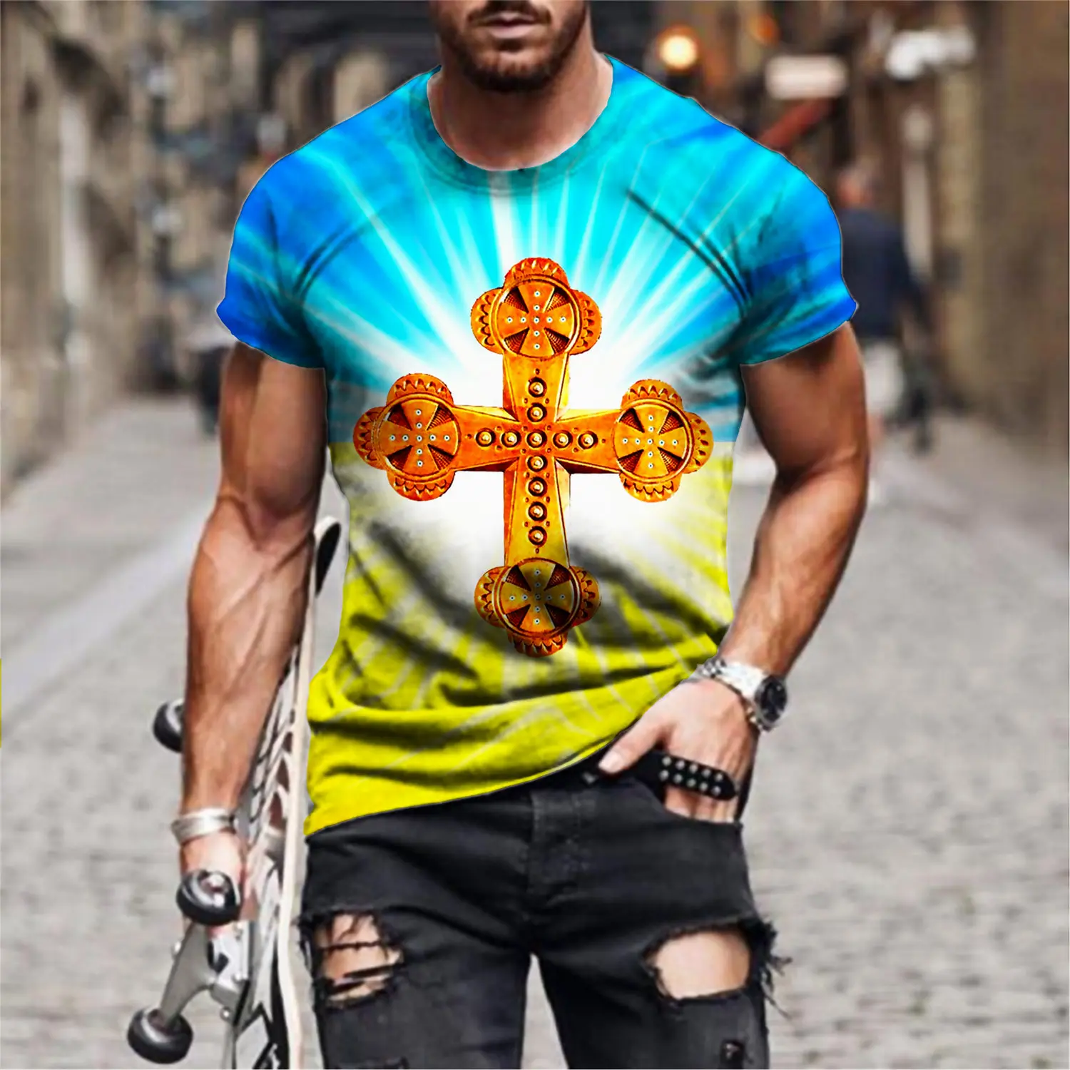 

Men's New 3d Printing T-shirt Fashion Retro Jesus Christ Cross Short-sleeved Harajuku Summer Casual Tops Personality Tee