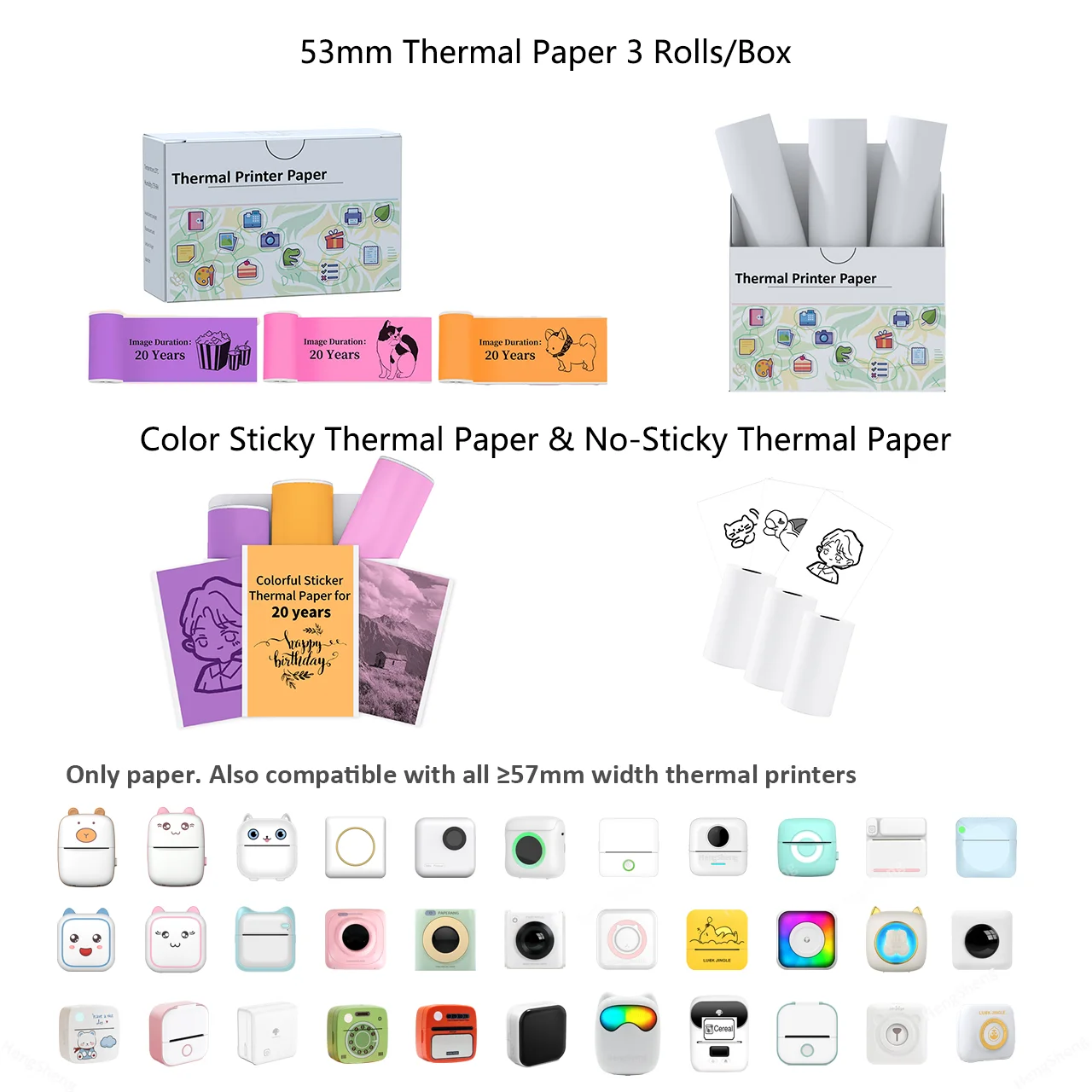 Thermal Paper White And Color Sticky For Phomemo/Memoking M02/T02 Mini Printer 50mmx3.7m for Journal Photo Text Notes 3 Rolls