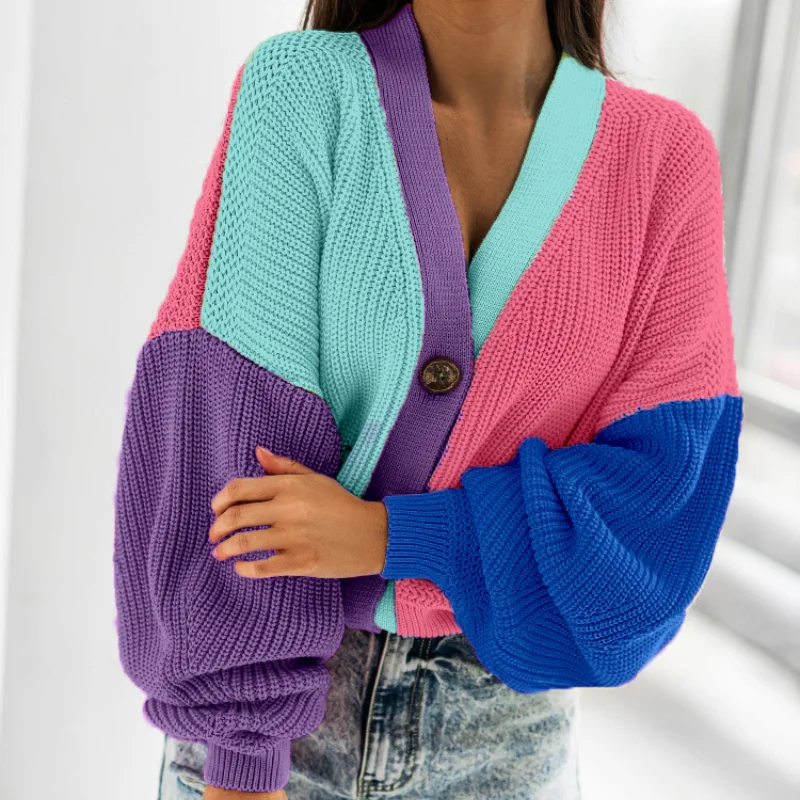 

2021 Winter Women's New Casual Color Matching Bright Eye Ladies V-neck Puff Sleeve Woolen Long-sleeved Cardigan Women Cardigan